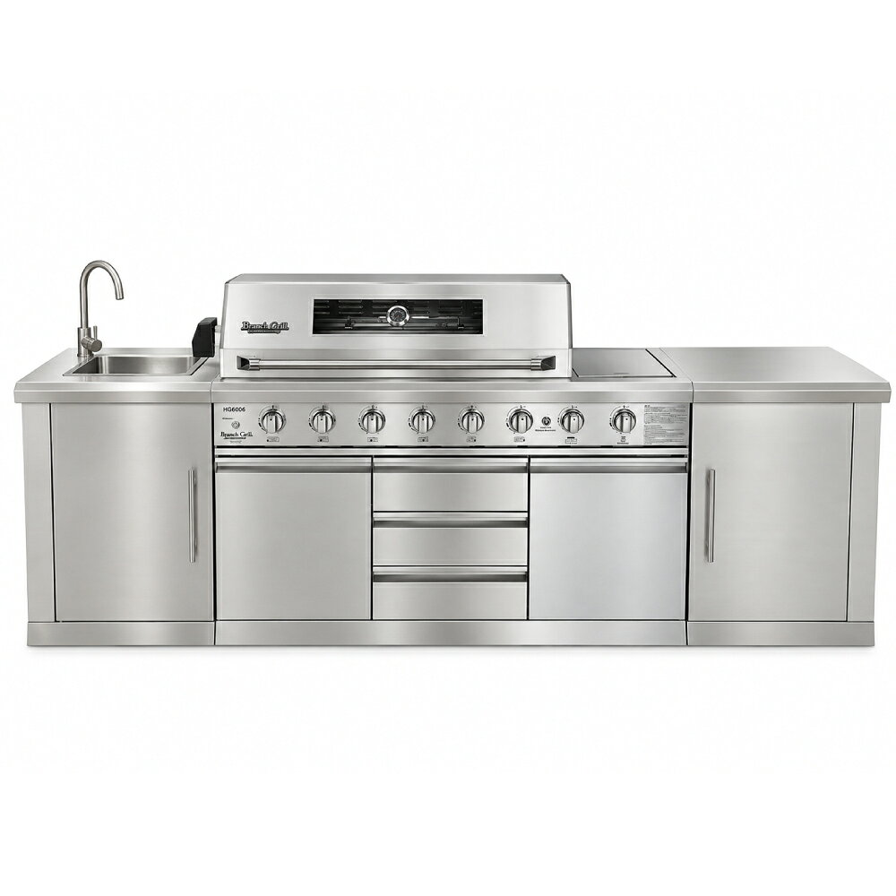 BranchGrill 大型 システムキッチン BBQガスグリル HG6006 水道シンク水栓 バーナーハンドルLED搭載 6人〜20人向け 6連バーナー リアバーナー サイドコンロ搭載 ロテサリーモーター 焼き網 鋳物鉄板プレート 専用グリルカバー キャスター付き バーベキュー コンロ
