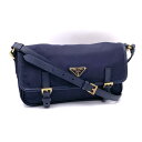 【中古】良品 PRADA プラダ 三角ロゴ プレート ナイロン サフィアーノ レザー ショルダー バッグ 白タグ165 dD0798M