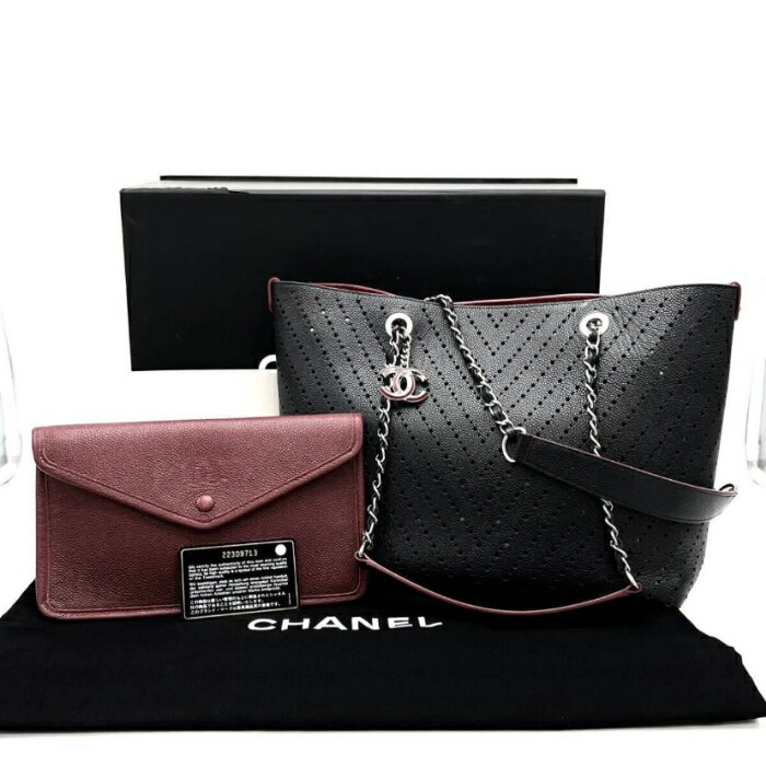【中古】美品 CHANEL シャネル Vステッチ ココマーク チェーン SV 金具 ポーチ付 キャビアスキン チェーン ショルダー トート バッグ dD0647Mのサムネイル