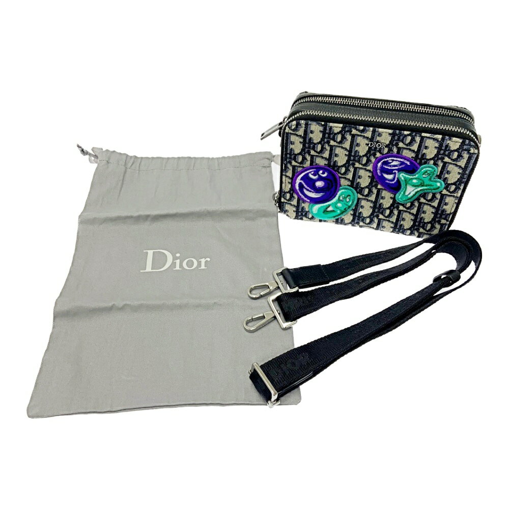 【中古】Christian Dior クリスチャンディオール ジャガード ケニーシャーフ オブリーク メッセンジャーバッグ ネイビー 264289 ショルダーバッグ