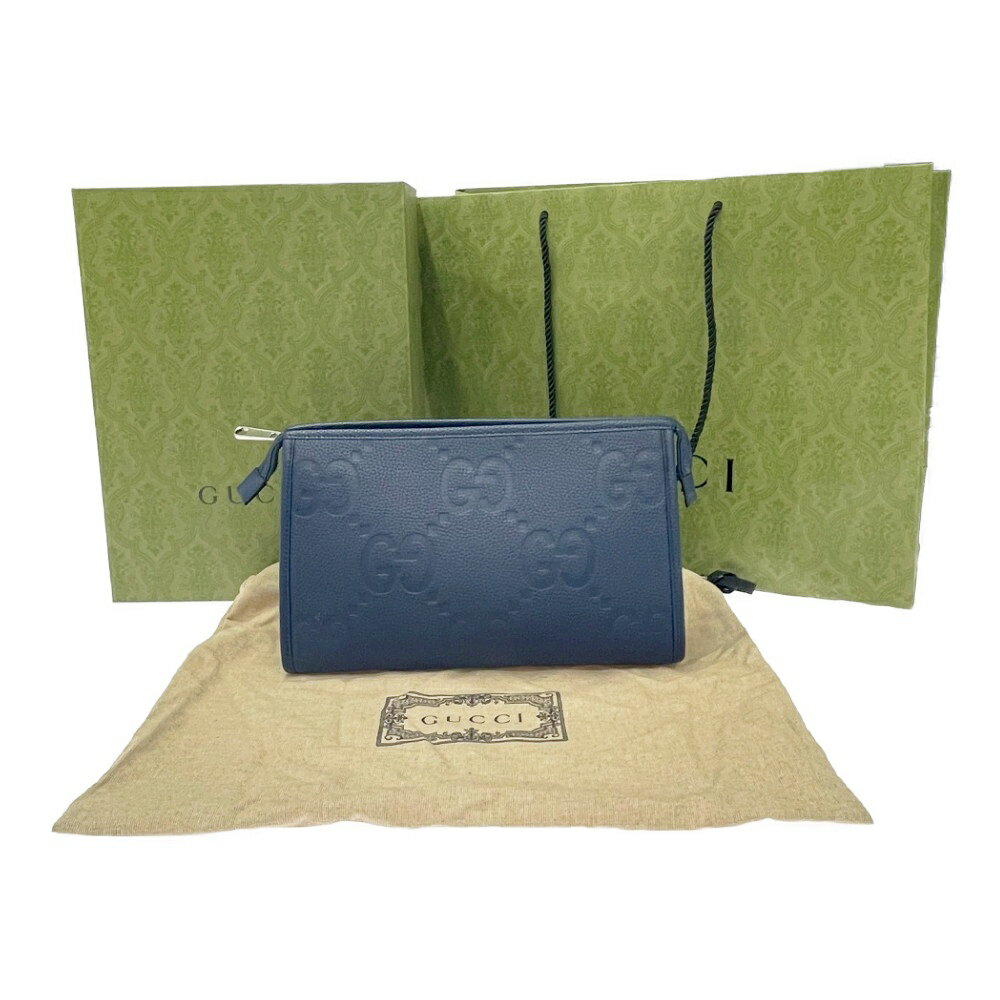 【中古】【箱付き】 GUCCI グッチ 739490・2067 レザー ジャンボGG シルバー金具 セカンドバッグ ブルー 476830 セカンドバッグ