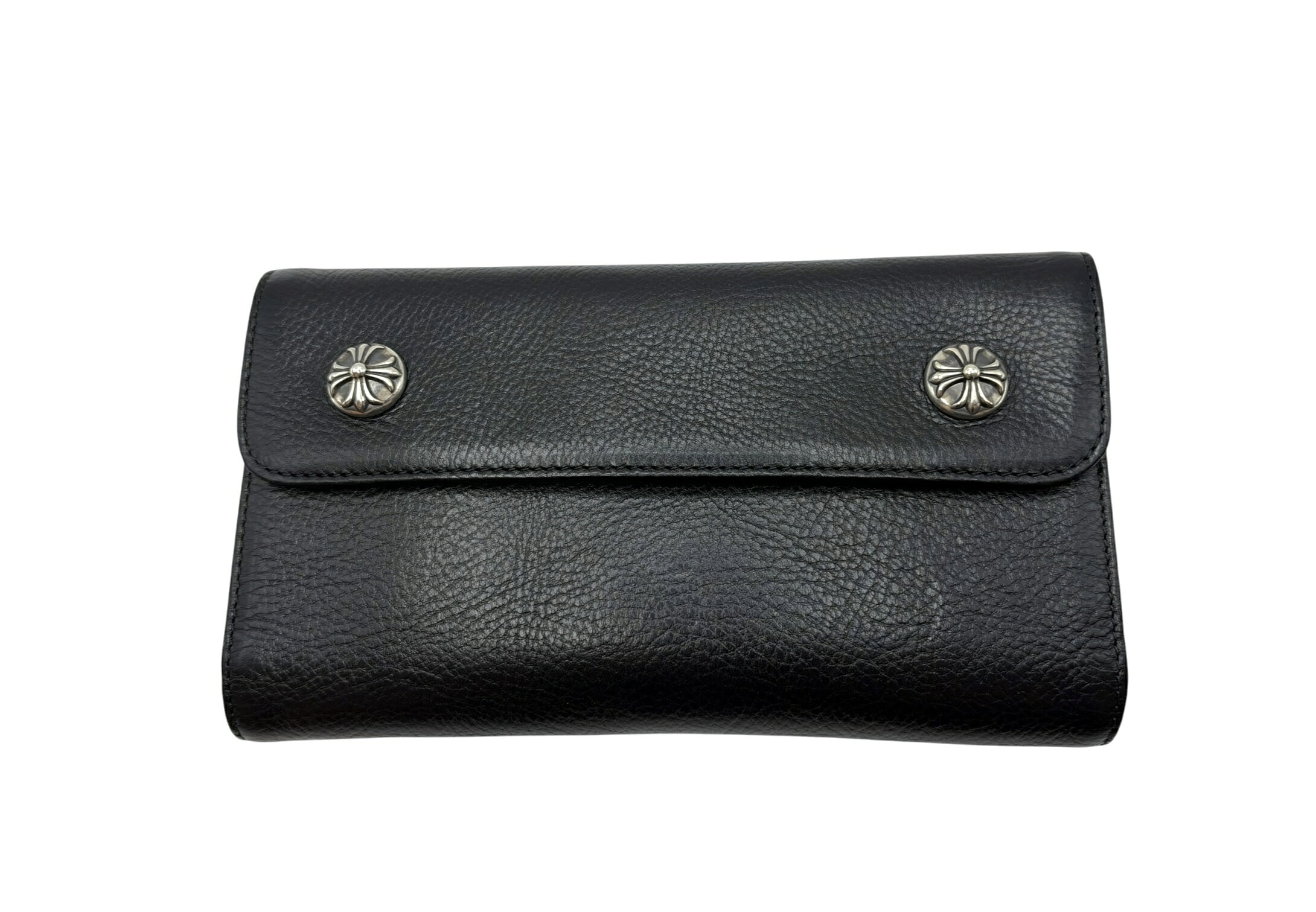 【未使用】ChromeHearts クロムハーツ WAVE WALLET CROSS BALL ウェーブウォレット 長財布 クロスボール ボタン レザー ブラック シルバー 925