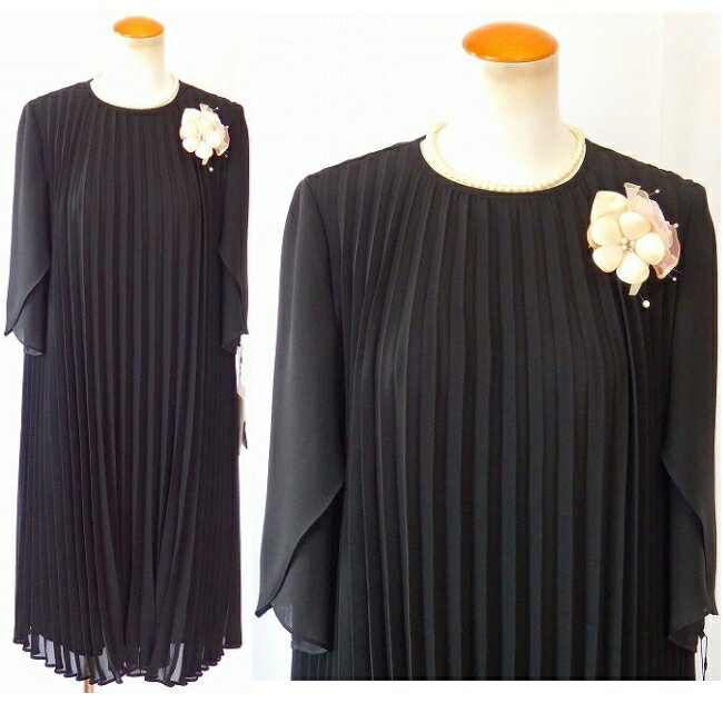 ブラックフォーマル レディース アランシア クチュール フォーマル ARANCIA couture FORMAL 夏物 サマー 女性 礼服 喪服 フォーマルワンピース ゆったりサイズ プリーツ素材 ノーカラー衿 葬儀 葬式 法事 家族葬 卒業式 3241201