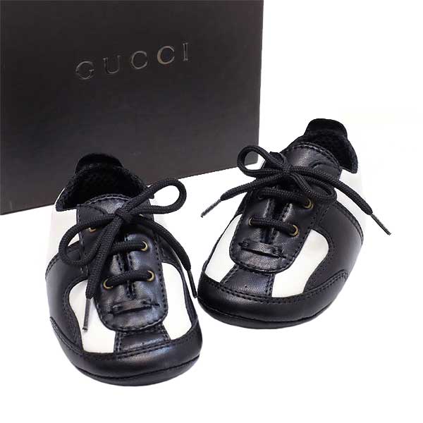 【本物】GUCCI★グッチ★ベビーシューズ★レザー★革★ブラック×ホワイト★18★靴★ファーストシューズ★子供用★幼児★衣類【送料無料】415-52