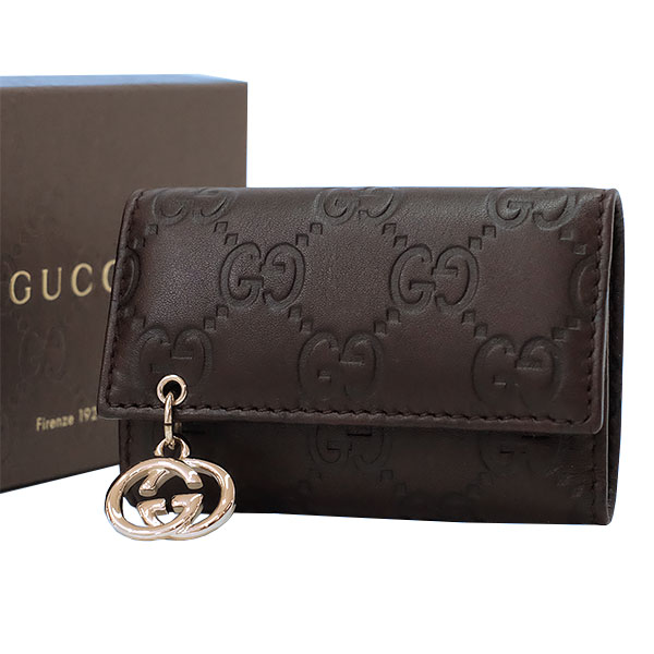 グッチ キーケース 【送料無料】【本物】美品★GUCCI★グッチ★グッチシマ★6連キーケース★212111★ダークブラウン★レザー★インターロッキングG★チャーム★5207-3