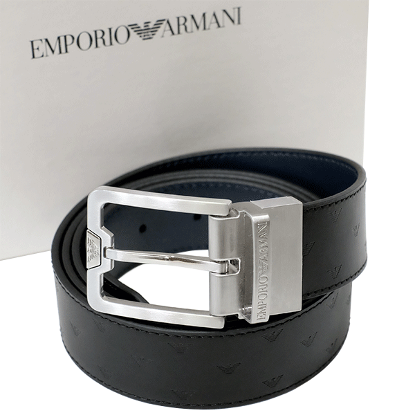 送料無料 本物 EMPORIO ARMANI エンポリオアルマーニ リバーシブルベルト レザー ブラック×ネイビー イーグルロゴ メンズ シンプル 黒 紺 7349-1