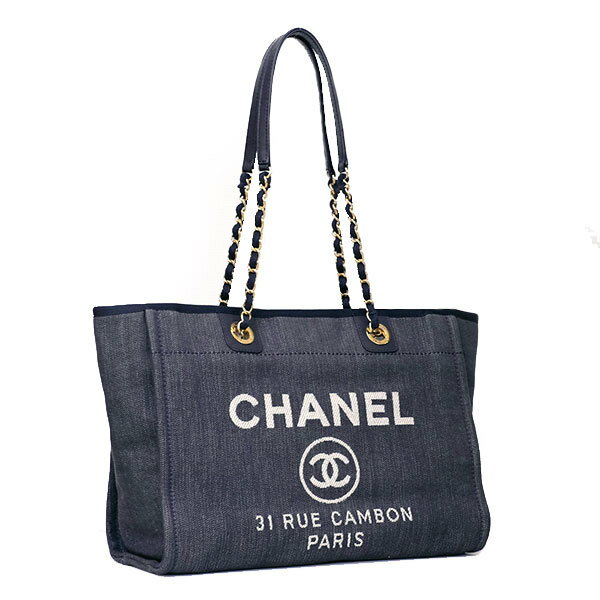 【送料無料】【本物】美品★CHANEL★シャネル★ドーヴィルMM★デニム ブルー★チェーントートバック★ゴールド金具★レディース メンズ★53646M★