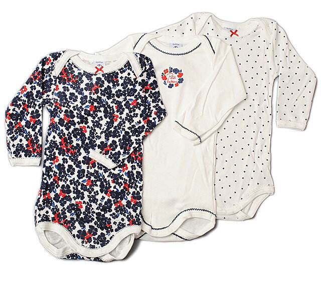 プチバトー アンダーウェア 長袖ボディ 3枚セット PETIT BATEAU ベビー女の子 フラワー柄/ハート/ホワイト　出産祝い