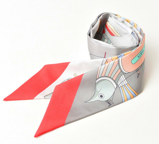 エルメス ツイリー スカーフ HERMES シルクツイル 気球モチーフ ライトグレー/オレンジマルチ