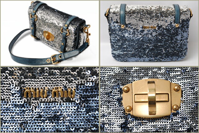 ミュウミュウ　ショルダーバッグ/miumiu クラッチバッグ　ストラップ付　スパンコール デニムブルー RT0460 PAILLETTES DENIM【中古】