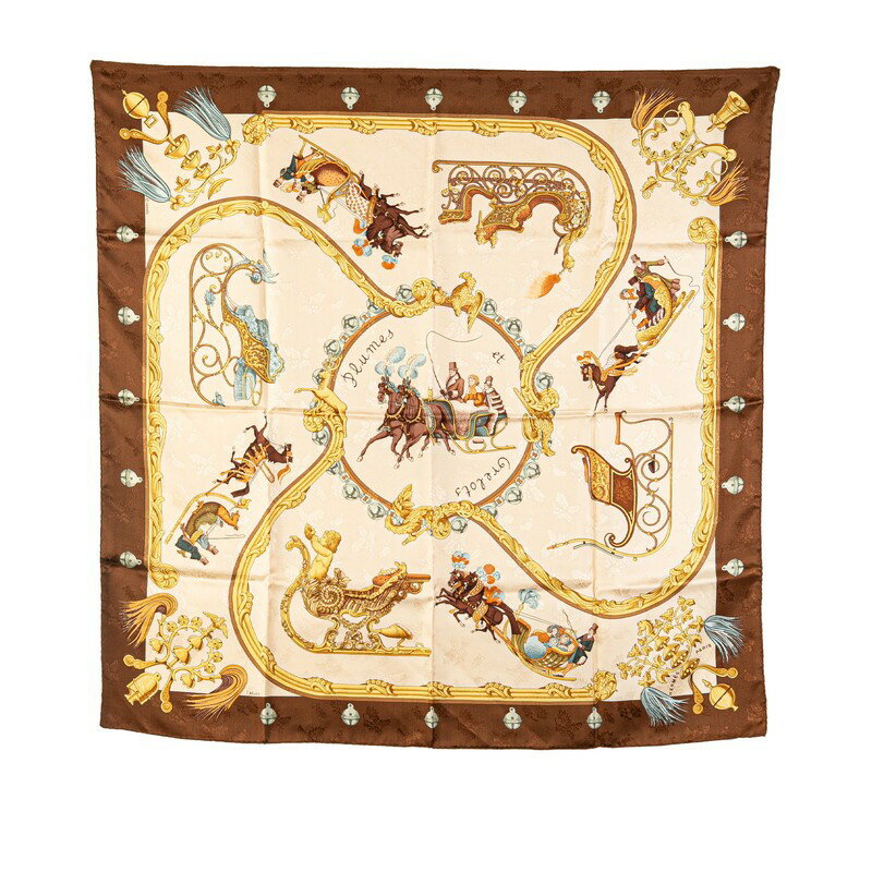 中古 エルメス スカーフ カレ90 ABランク 羽飾りと鈴 Plumes et Grelots ベージュ ブラウン シルク レディース HERMES あす楽【送料無料】【西神店】