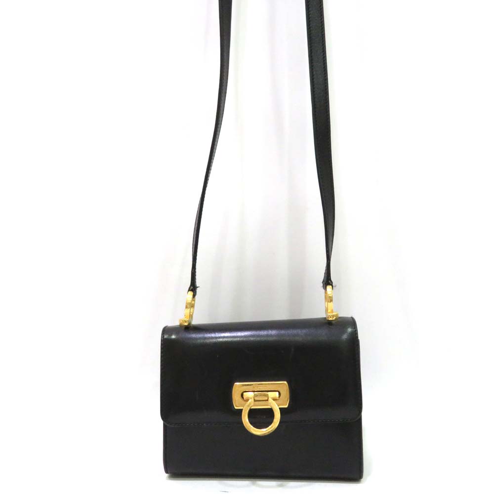中古 フェラガモ ガンチーニ金具 ミニショルダーバッグ Bランク ブラック 黒 レディース あす楽【送料無料】【西神店】