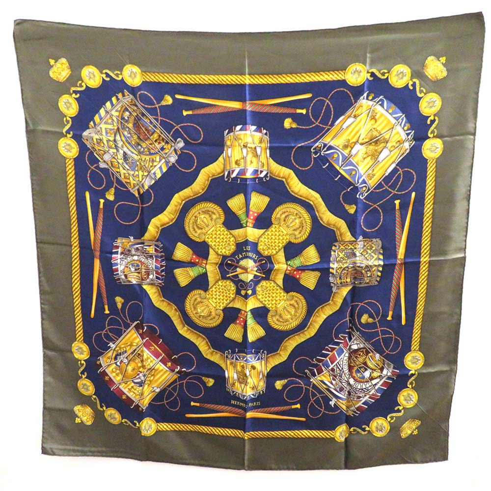 中古 エルメス カレ90 大判スカーフ LES TAMBOURS シルク Aランク ネイビー カーキー レディース HERMES あす楽【送料無料】【三田店】