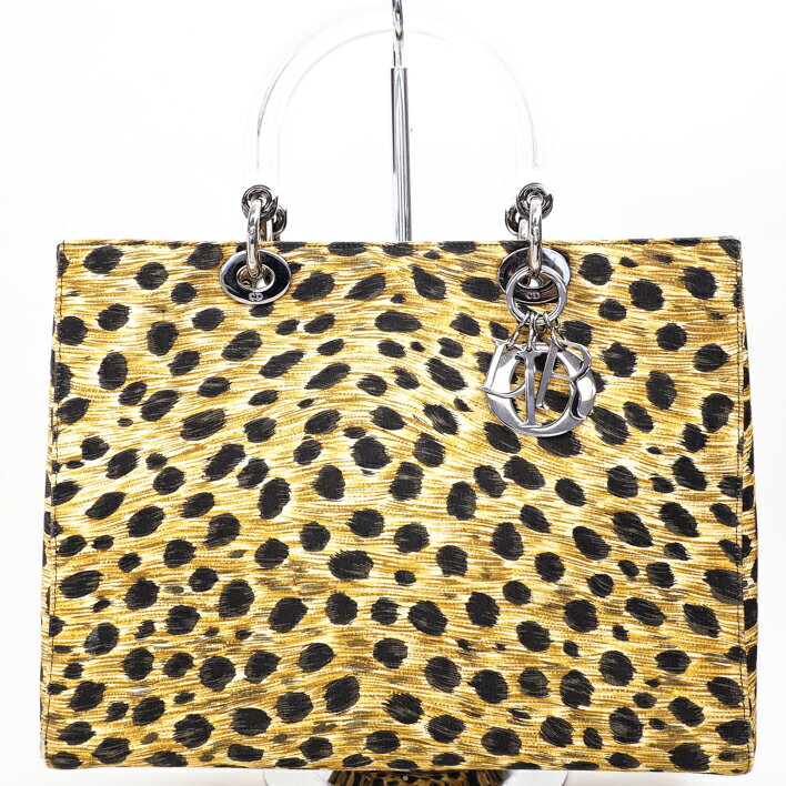 【12/26までP5倍】ChristianDiorレディーディオールロゴチャーム付レオパードヒョウ柄ハンドバッグ【中古】