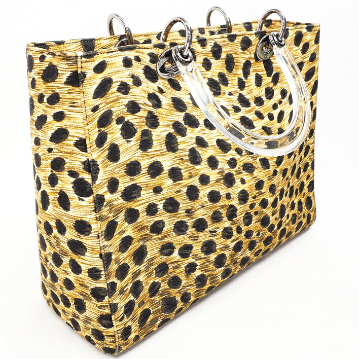 【12/26までP5倍】ChristianDiorレディーディオールロゴチャーム付レオパードヒョウ柄ハンドバッグ【中古】