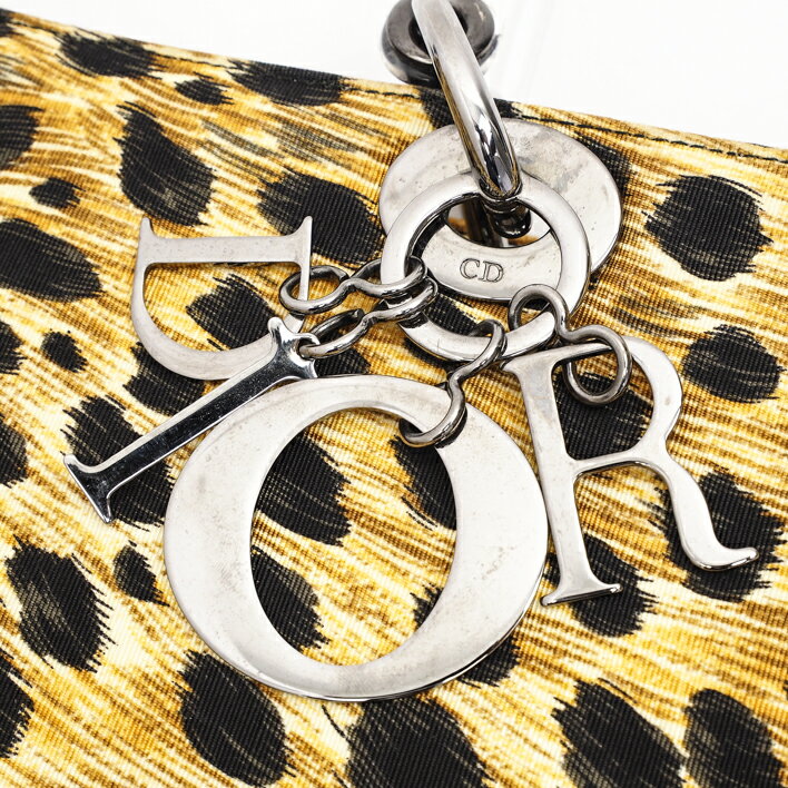 【12/26までP5倍】ChristianDiorレディーディオールロゴチャーム付レオパードヒョウ柄ハンドバッグ【中古】