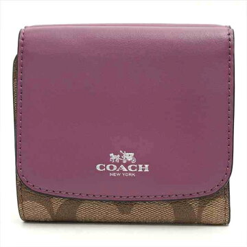 【美品】COACHコーチシグネチャーF53837PVCコーティングキャンバス×レザーレディース財布二つ折り財布（小銭入れあり）【中古】