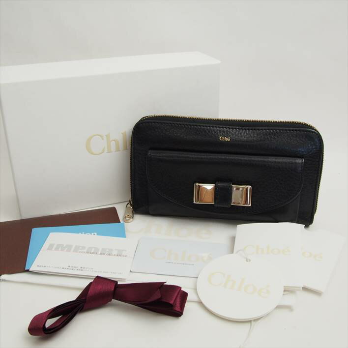 Chloeクロエカーフリボン付きラウンドジップ長財布【中古】