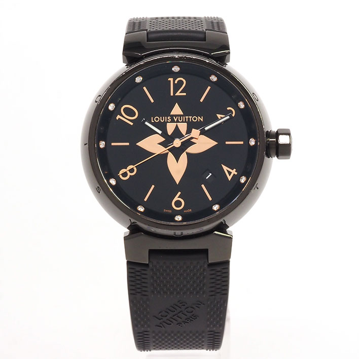 【返品OK】【美品】ルイヴィトン タンブール オールブラック　ダミエベルト/R15353 メンズ LOUIS VUITTON Tambour【腕時計】