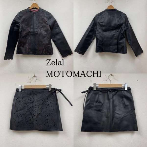 古着 Zelal MOTOMACHI 豚皮 リアルレザー ノーカラー ジャケット 巻き ラップスカート セットアップ レ..