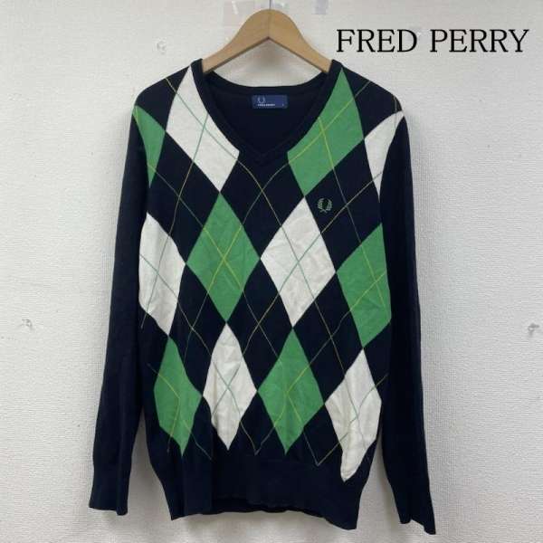 フレッドペリー アーガイル ウール ニット Vネック セーター 長袖 ワンポイント ロゴ 刺繍 S【USED】【古着】【中古】50141496