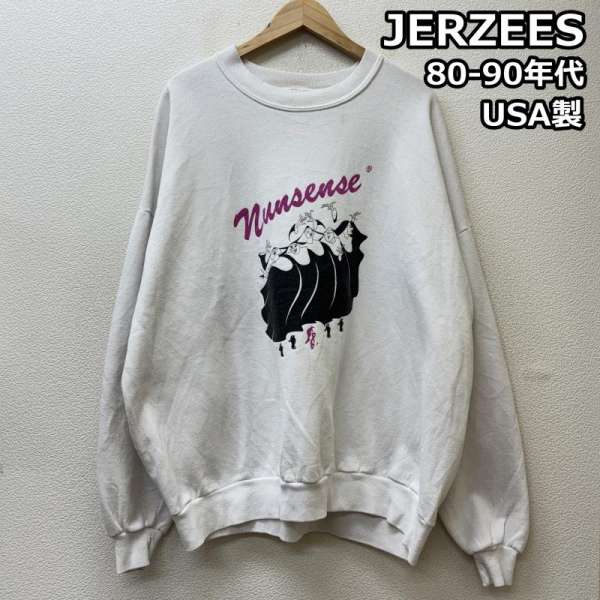 ジャージーズ 80-90年代 ビンテージ USA製 ラッセル Nunsense ナンセンス ビッグサイズ クルーネック スウェット トレーナー 白 ホワイト メンズ -【USED】【古着】【中古】50142363