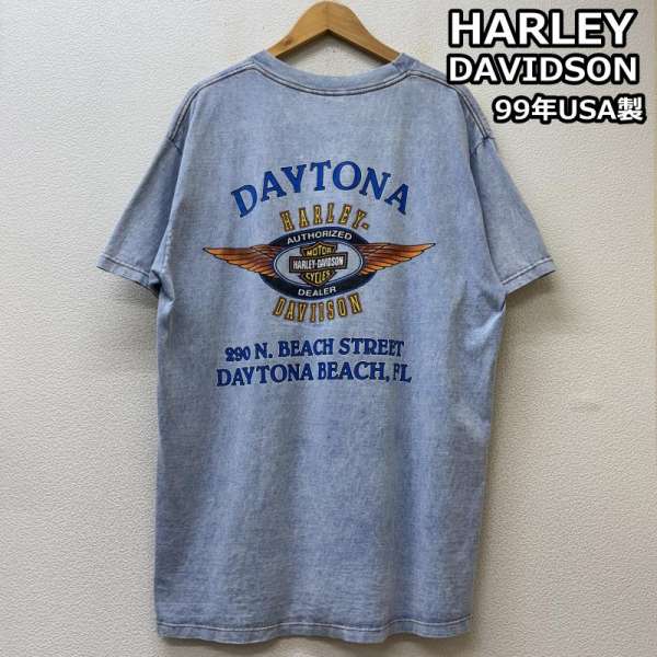 ハーレーダビッドソン 99年 USA製 HOLOUBEK表記 デイトナ ロゴ プリント クルーネック ポケット Tシャツ 水色 ライトブルー メンズ L ISItems【USED】【古着】【中古】50142653