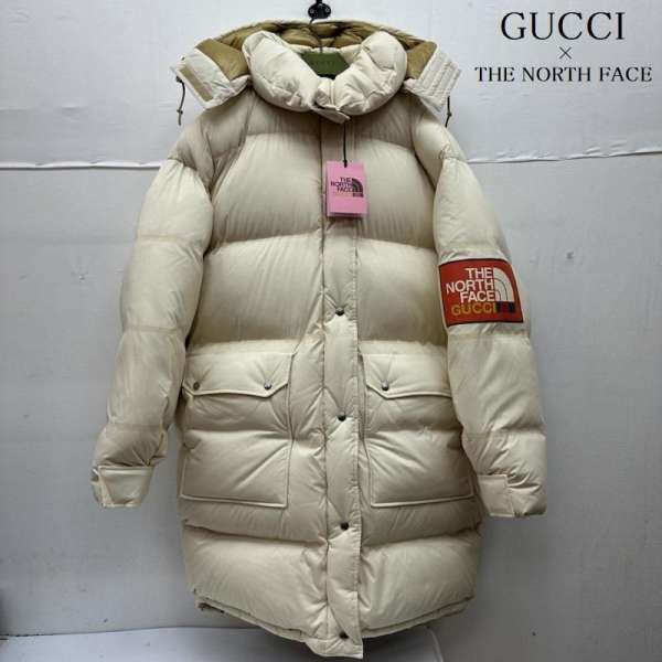グッチ 22SS THE NORTH FACE アーム ロゴ フーデッド ロング ダウン ジャケット 671794 レディース M【..