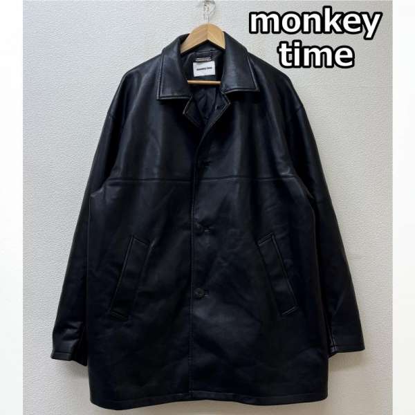 モンキータイム FAUX/LTR CAR COAT フェイクレザー カーコート 黒 ブラック 8325-186-1324 メンズ L【USED】【古着】【中古】50143651