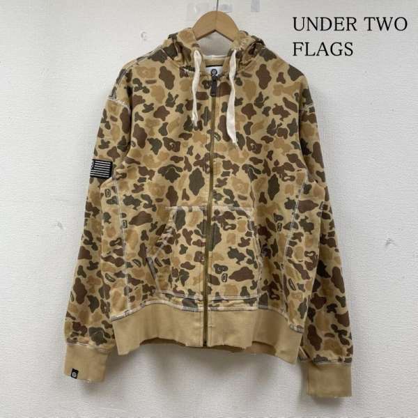 古着 UNDER TWO FLAGS カモフラ 迷彩柄 ジップアップ パーカー タロンジップ ダメージ加工 メンズ L IS..