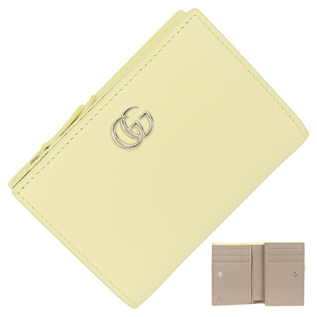 【新品】 グッチ 二つ折り財布 ダブルG バイカラー スモールウォレット GGマーモント カーフレザー ライトイエロー ブラウン コンパクト財布 GUCCI グッチ 財布 レディース メンズ コンパクトウォレット ミニ財布 ミニウォレット GGロゴ 本革 ブランド
