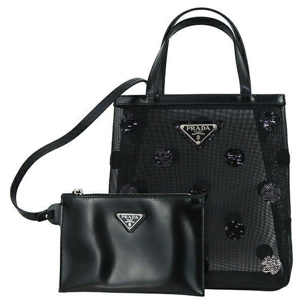 【美品】 プラダ トートバッグ メッシュ スパンコール パテントレザー ブラック 黒 トライアングルロゴ ポルカドット PRADA プラダ ハンドバッグ レディース 三角ロゴ ハンドバック バック HANDBAG BAG ブランド 中古