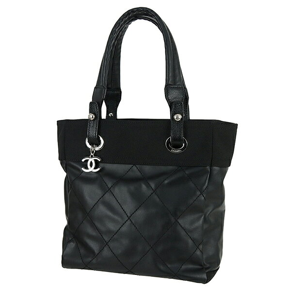 【超美品】 シャネル パリビアリッツ トート PM コーティングキャンバス ナイロン レザー 黒 トートバッグ CHANEL ショルダーバッグ レディース マトラッセ キルティング ハンドバッグ ブランド 中古