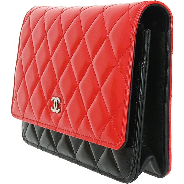 【超美品】 シャネル チェーンウォレット マトラッセ パテントレザー レッド ブラ...
