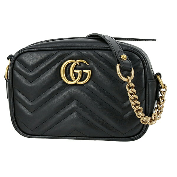 【超美品】 グッチ ショルダーバッグ GGマーモント ミニカメラバッグ シェブロン キルティング レザー ブラック 黒 ゴールド金具 GGロゴ GUCCI グッチ クロスボディバッグ レディース ミニバッグ ポシェット バック BAG ブランド 中古