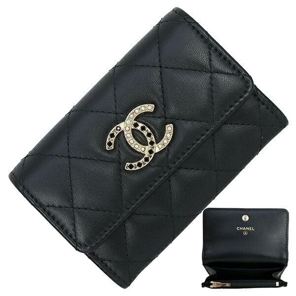 【新品】 シャネル カードケース コインケース付き フラップ ミニウォレット マトラッセ ラムスキン ファッションパール ラインストーン ゴールド金具 ココマーク コンパクト財布 CHANEL シャネル ミニ財布 レディース キルティング フェイクパール レザー 本革 ブランド
