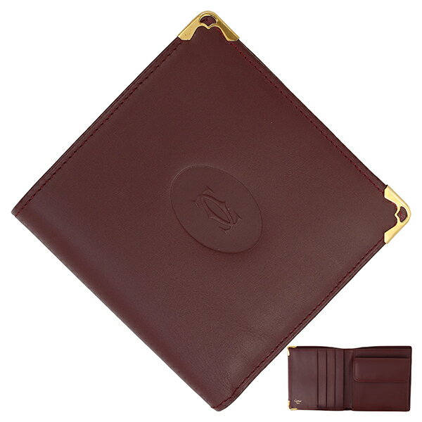 【超美品】 カルティエ 二つ折り財布 小銭入れあり マスト ドゥ カルティエ 財布 カーフレザー ボルドー CCロゴ Cartier カルティエ 二つ折りウォレット メンズ レディース マストライン コンパクトウォレット コンパクト財布 本革 ボルドー ブランド 中古