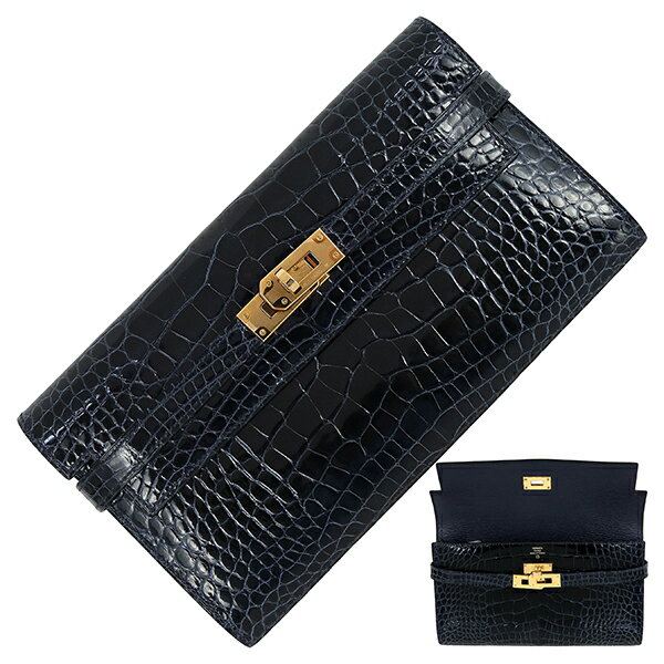 【超美品】 エルメス ケリーウォレット ロング アリゲーター リセ ブルーマリン ゴールド金具 エルメス 長財布 HERMES エルメス 財布 レディース メンズ クロコダイル ネイビー ワニ革 フラップ長財布 二つ折り財布 二つ折り長財布 ケリーロング 本革 レザー ブランド 中古