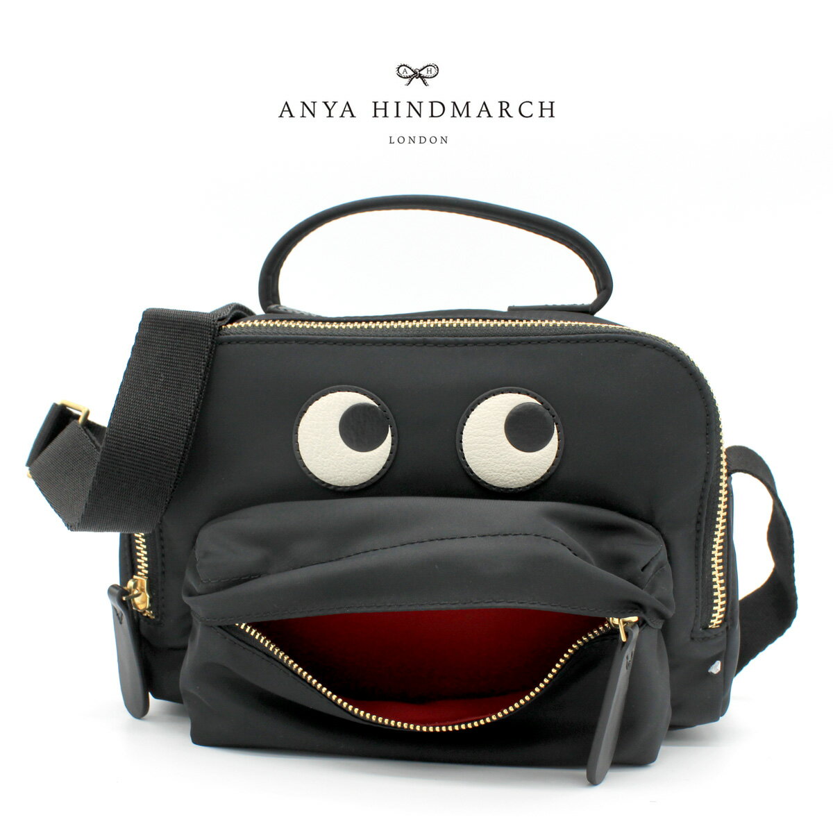 ANYA HINDMARCH (AjEnCh}[`) 152969Crossbody Pouch Eyes in Black Recycled Nylon AjnCh}[` ACY V_[obO NX{fB