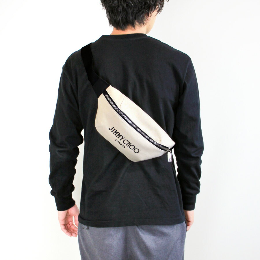 【スーパーセール】JIMMY CHOO ジミーチュー　ベルトバッグ 　キャンバスウエストポーチ 　FINSLEY DNH finsley czm NATURAL/BLACK Finsley 　ブランドロゴ(4)