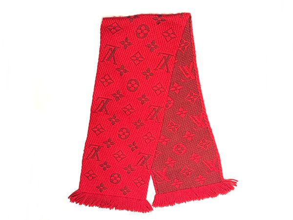 LOUIS VUITTON ルイ ヴィトン エシャルプ・ロゴマニア M72432 ルビー レッド 赤 モノグラム マフラー フリンジ メンズ・レディース 兼用 人気ブランド【中古】xx19-44952RS