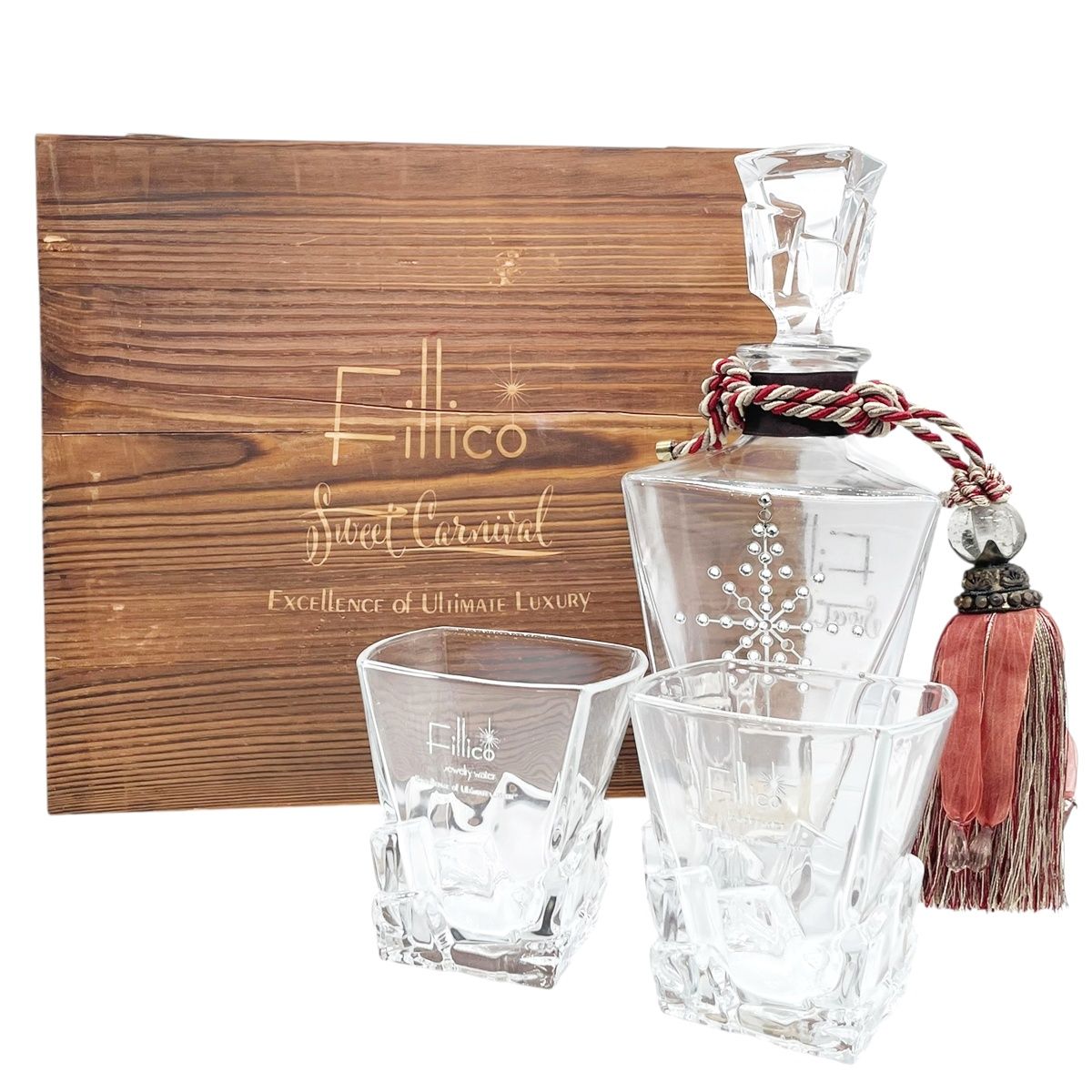 【中古】空ボトル Fillico フィリコ クリスタルボンボン ウイスキーグラス2個セット 飾りボトル 木箱付..