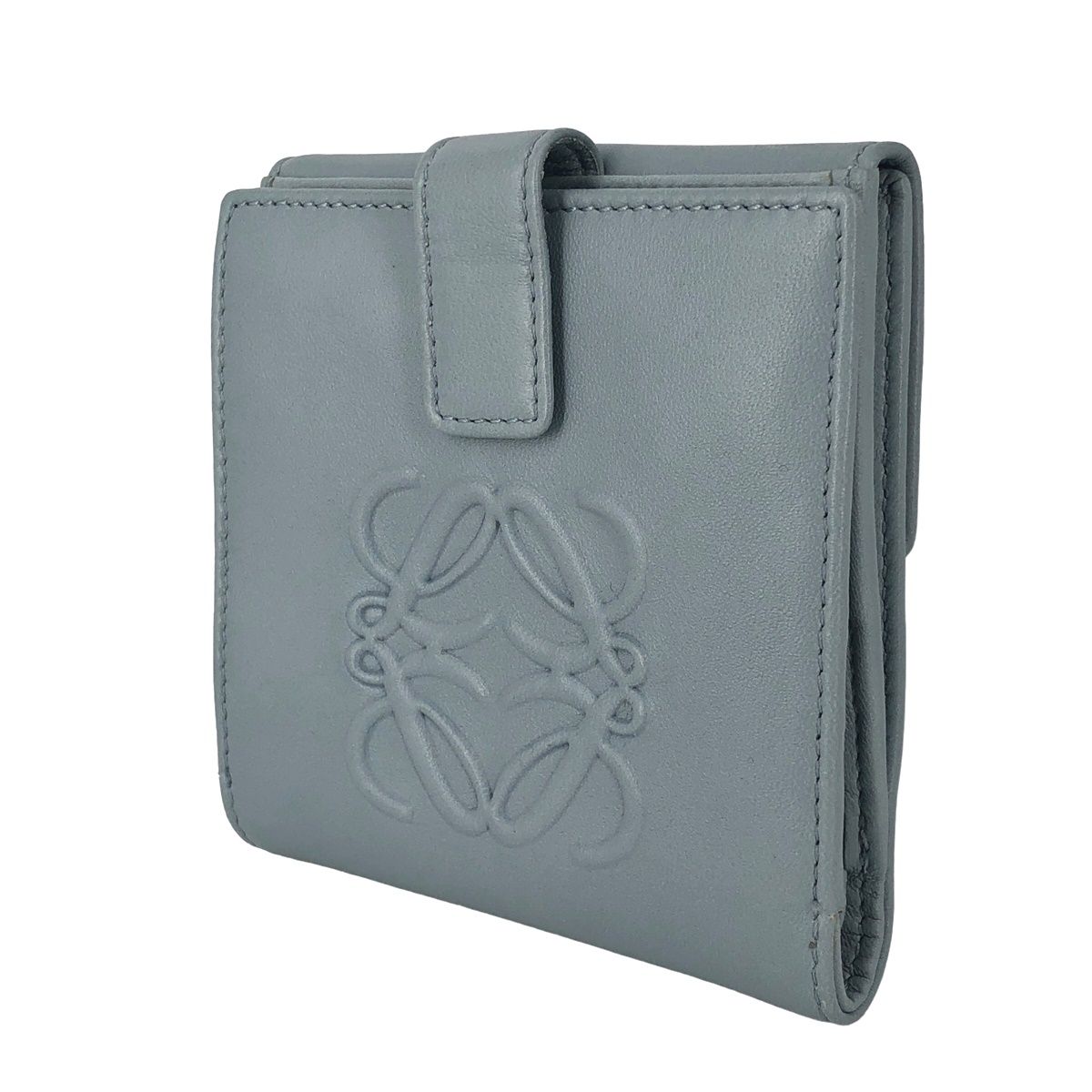 【中古】 LOEWE ロエベ アナグラム コンパクトウォレット ライトブルー レザー レディース 二つ折り財布 24018053MY