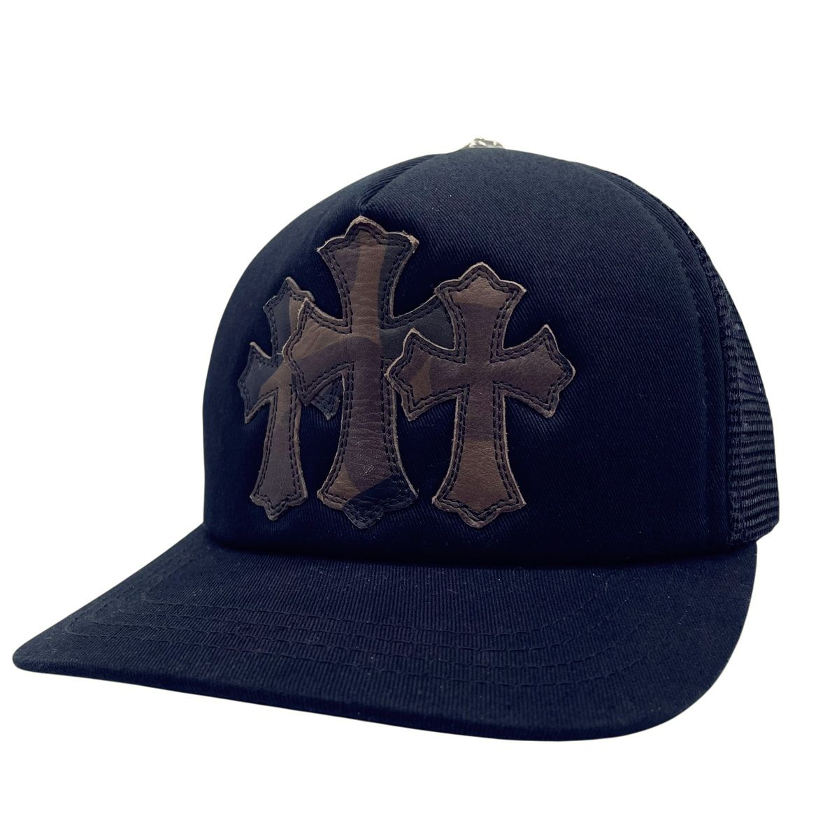 【中古】 CHROME HEARTS クロムハーツ トラッカーキャップ 3セメタリーパッチ カモフラ ブラック トリプルクロス レザーパッチ 帽子 250347...