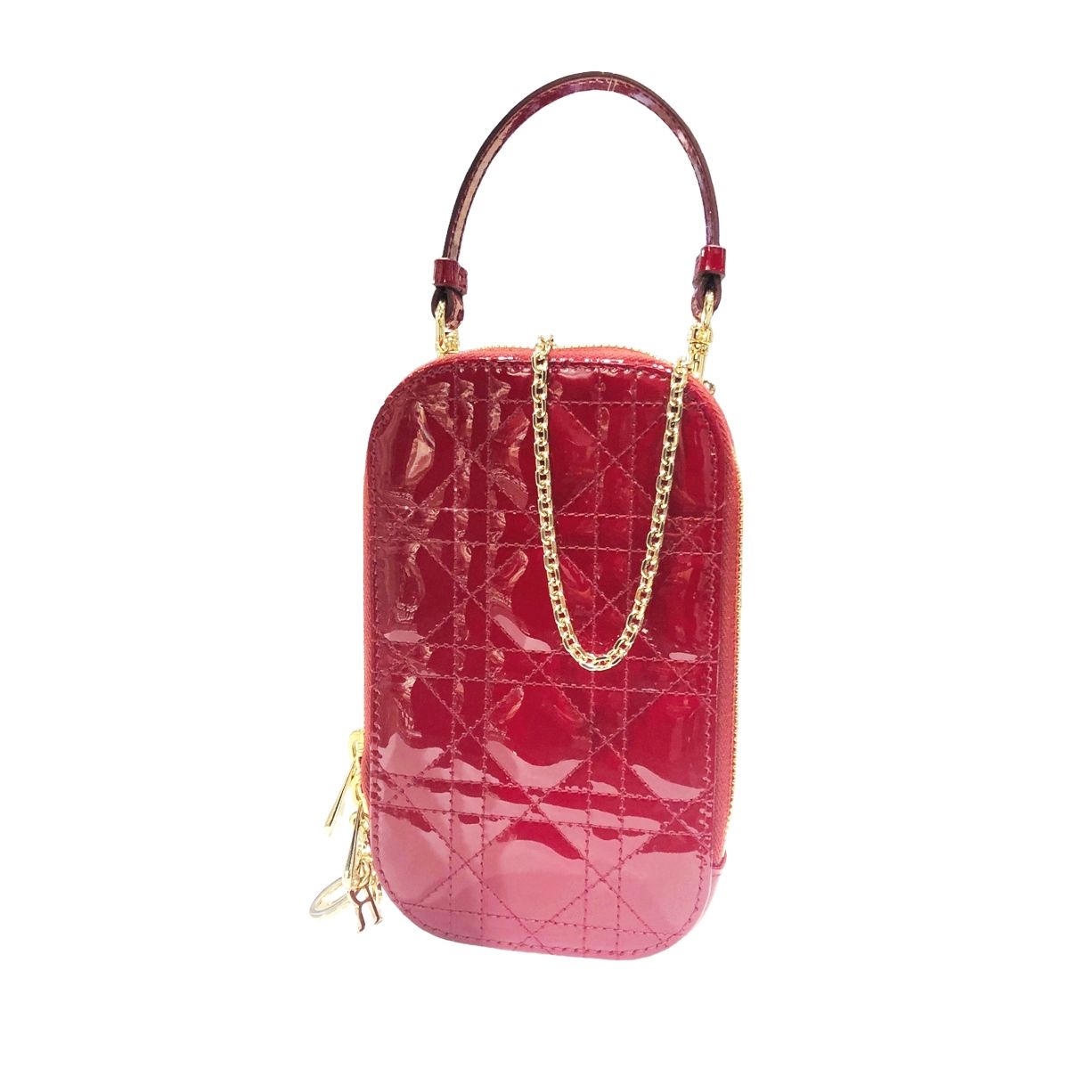 【中古】 Christian Dior クリスチャン・ディオール S0872OVRB Lady Dior カナージュ フォンホルダー パテントレザー チェーン ショルダーバッグ レッド ゴールド金具 24004073 HO