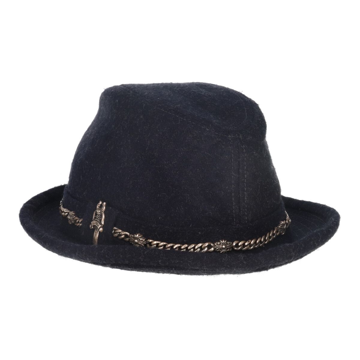 【中古】 CHROME HEARTS クロムハーツ フェドラ ハット ウール ネイビー シルバー キーパー ダガー クラシックリンク チェーン 帽子 21020...