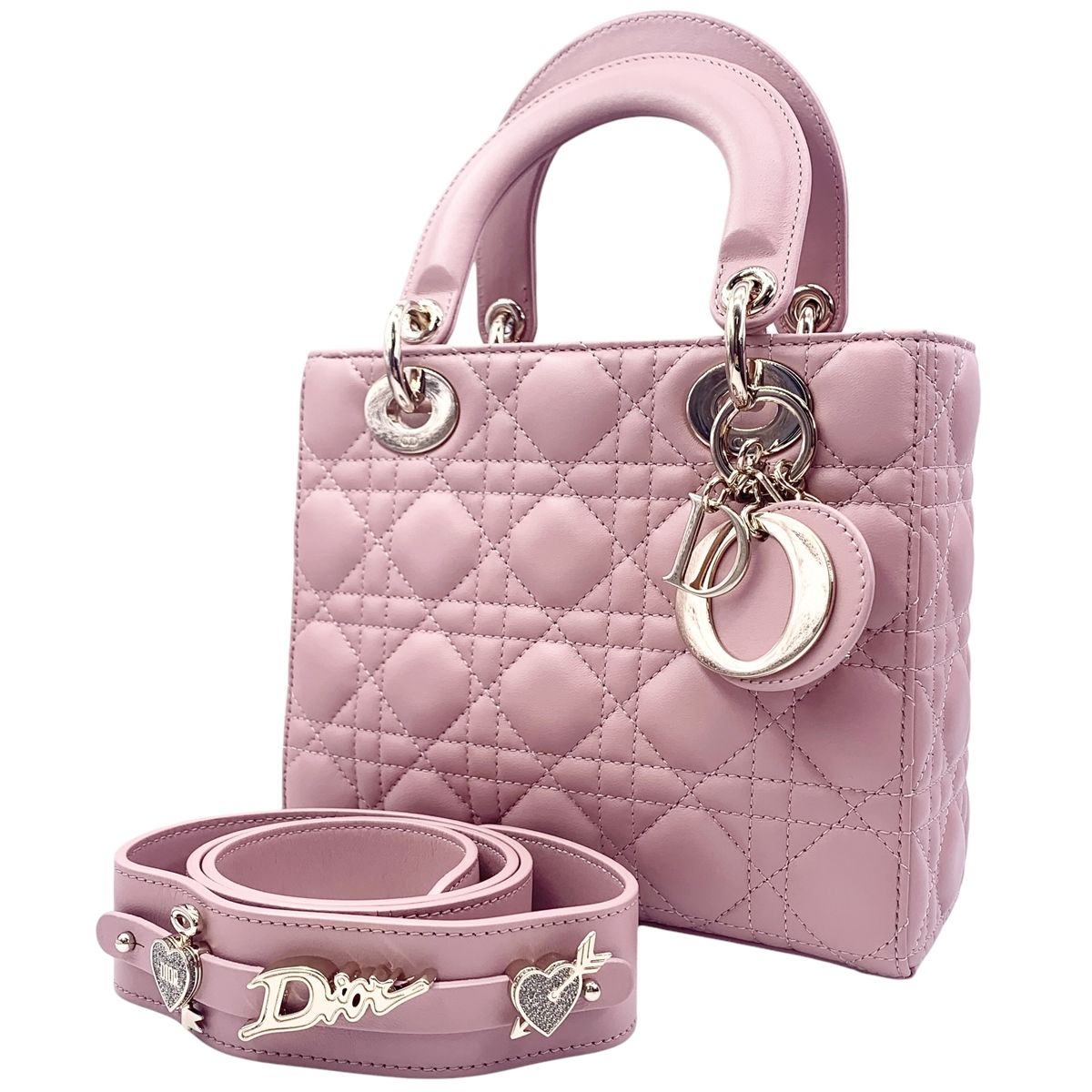 【中古】ディオール M0538ONGE_M77P Lady Dior My ABCDior バッグ スモール ピンク チャーム付き カナージュラムスキン 24010286 MK