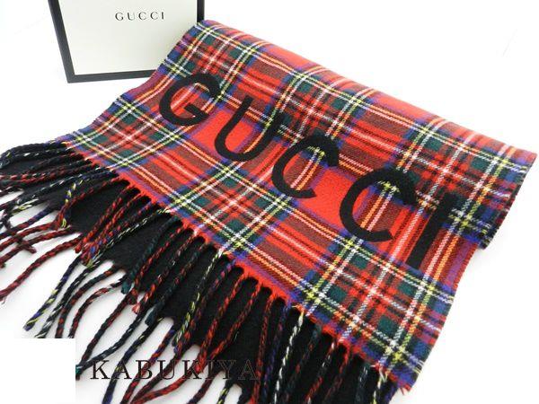 GUCCI グッチ タータンチェック ウール スカーフ 597530 マフラー リバーシブル 赤 黒 防寒 メンズ・レディース 服飾雑貨 人気ブランド【中古】20-6029Mo