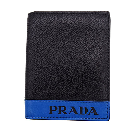 【全品5％OFF中!16日1時59分まで】プラダ PRADA カードケース メンズ ブランド レザー カードケース カード入れ ブラック 黒 ブルー 青 バイカラー ビジネス 仕事 【中古】