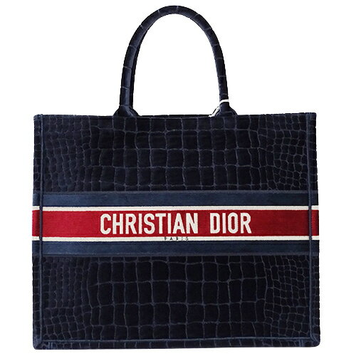 【ほぼ全品10％OFF!10日20時から5時間限定！】クリスチャンディオール Christian Dior バッグ レディース ブランド トートバッグ ブックトート ラージ L ベルベット ネイビー ブルー クロコ柄 紺 青 大容量 おしゃれ 大人 通勤 通学 旅行 【中古】